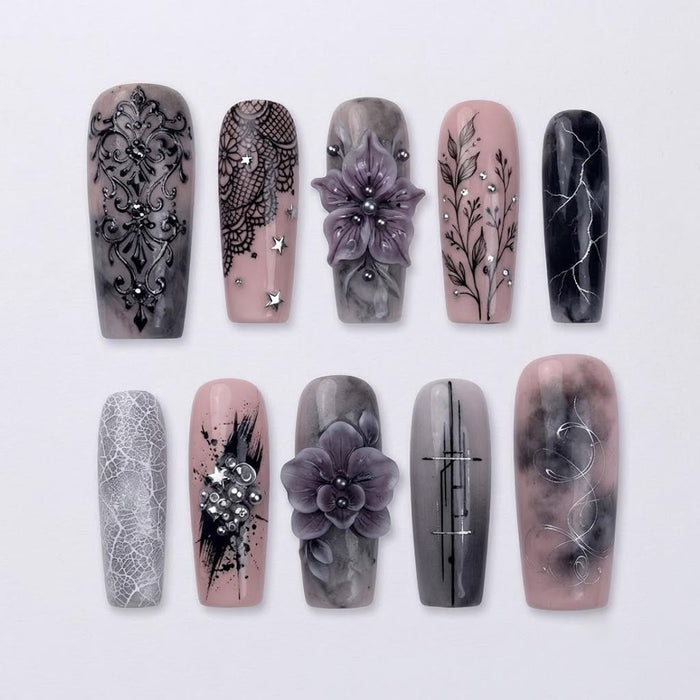 Gothic Mauve and Smoky Gray Press On Nail Set With 3D Flowers, Lace, and Rhinestones