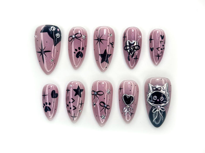 Gothic Mauve Pink Cat Press On Nails with Black Paw Prints and Silver Bows
