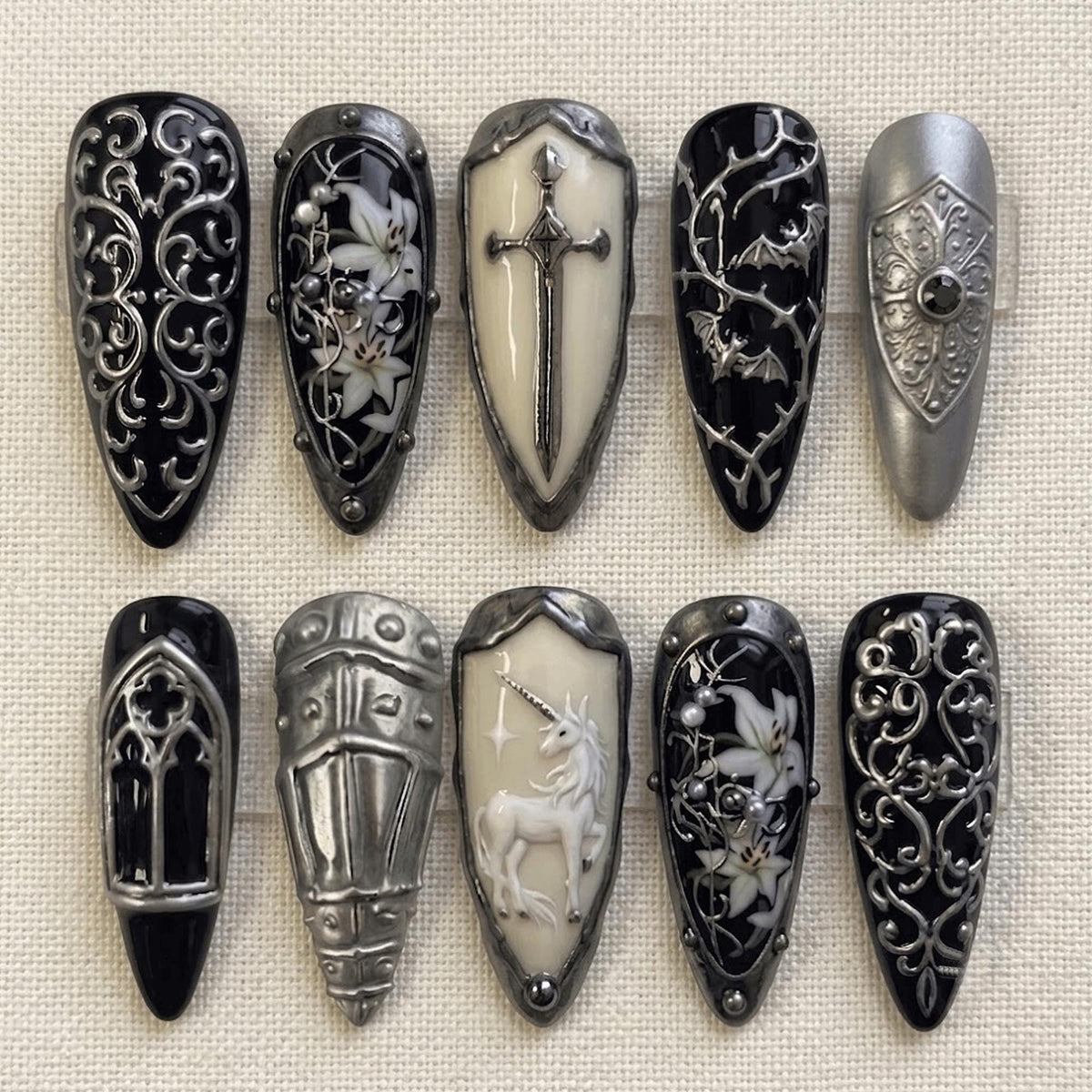 Gothic Medieval Armor Press On Nails With Silver Scrollwork, Lilies and Unicorn