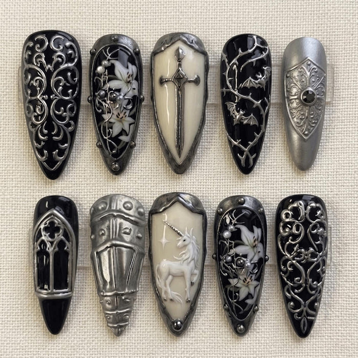 Gothic Medieval Armor Press On Nails With Silver Scrollwork, Lilies and Unicorn