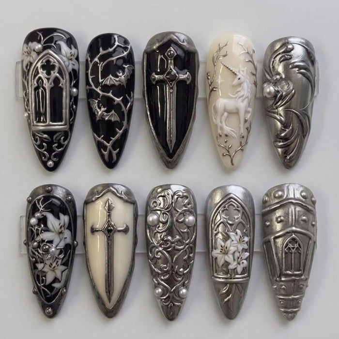 Gothic Medieval Fantasy Press On Nails with 3D Silver Armor, Crosses, and Unicorn