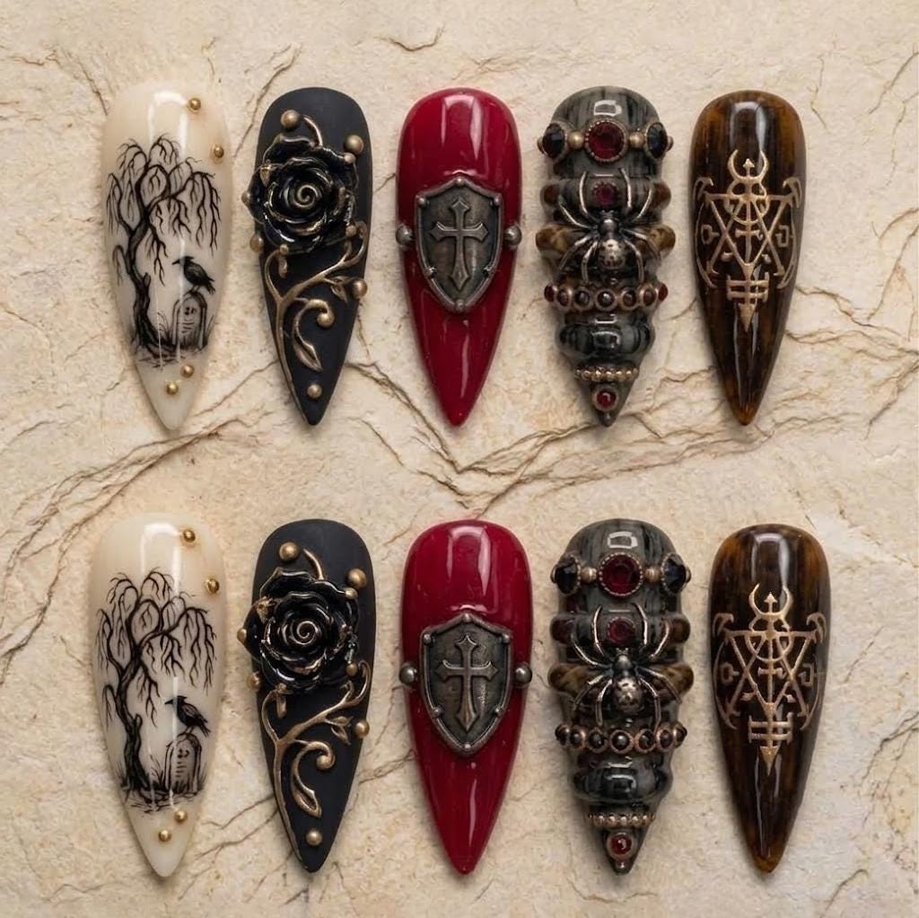 Gothic Medieval Nails With Red Shields, Sculpted Roses, and Dark Armor Details