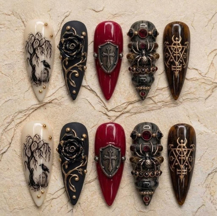 Gothic Medieval Press On Nails With Red Shields, Sculpted Roses, and Dark Armor Details