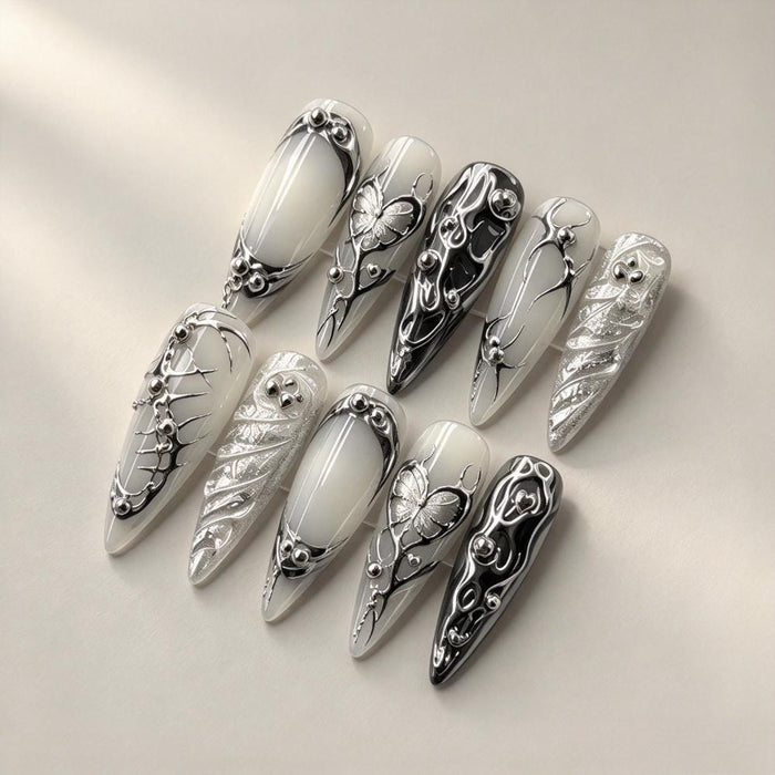 Gothic Milky White and Black Press On Nails With 3D Silver Butterflies and Scrollwork