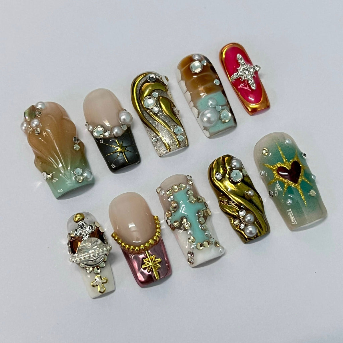 Gothic Mixed-Metal Press On Nails with Gold Details, Red Accents, Pearls and Charms