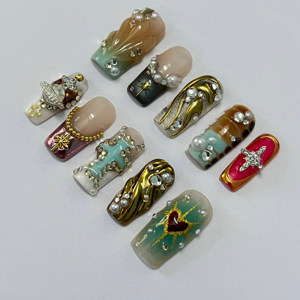 Gothic Mixed-Metal Press On Nails with Gold Details, Red Accents, Pearls and Charms
