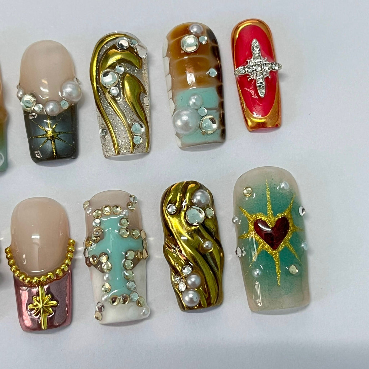 Gothic Mixed-Metal Press On Nails with Gold Details, Red Accents, Pearls and Charms