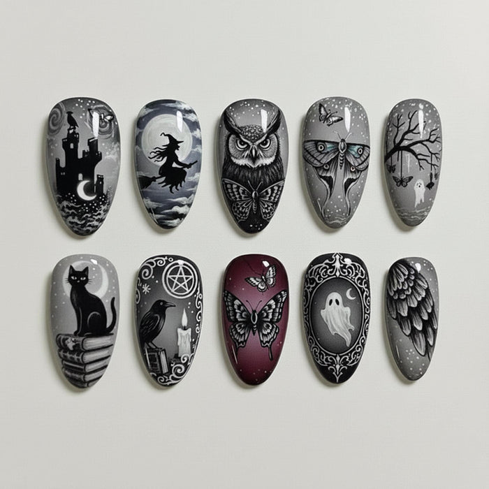 Gothic Moonlit Press On Nails With Owl, Moth, Raven & Haunted House Art