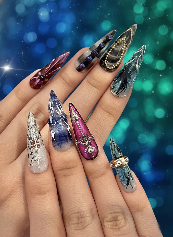 Gothic Multicolor Marble Press On Nails with Silver Ornaments and Crystal Accents
