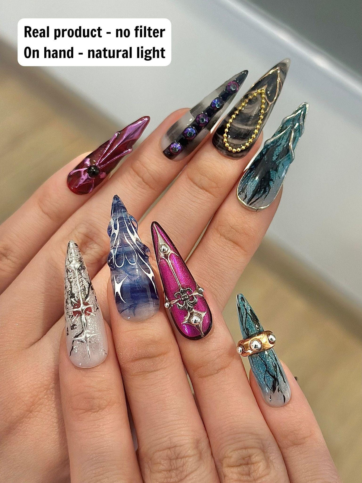 Gothic Multicolor Marble Nails with Silver Ornaments and Crystal Accents