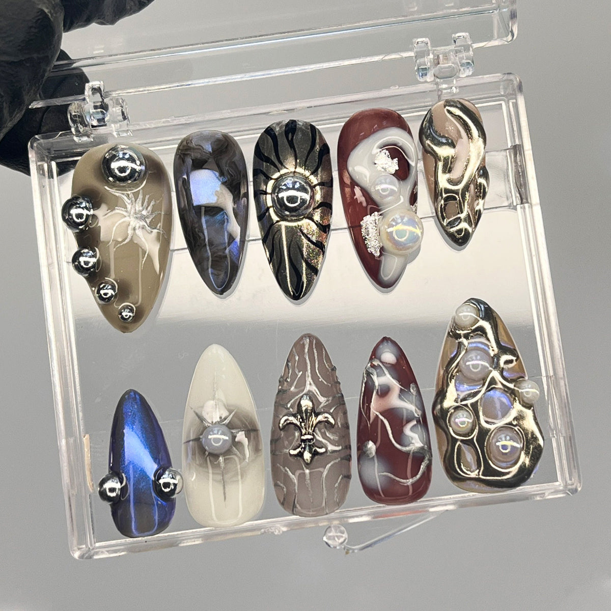Gothic Multicolor Stiletto Nails with Silver Chrome, Webs and Raised Charms