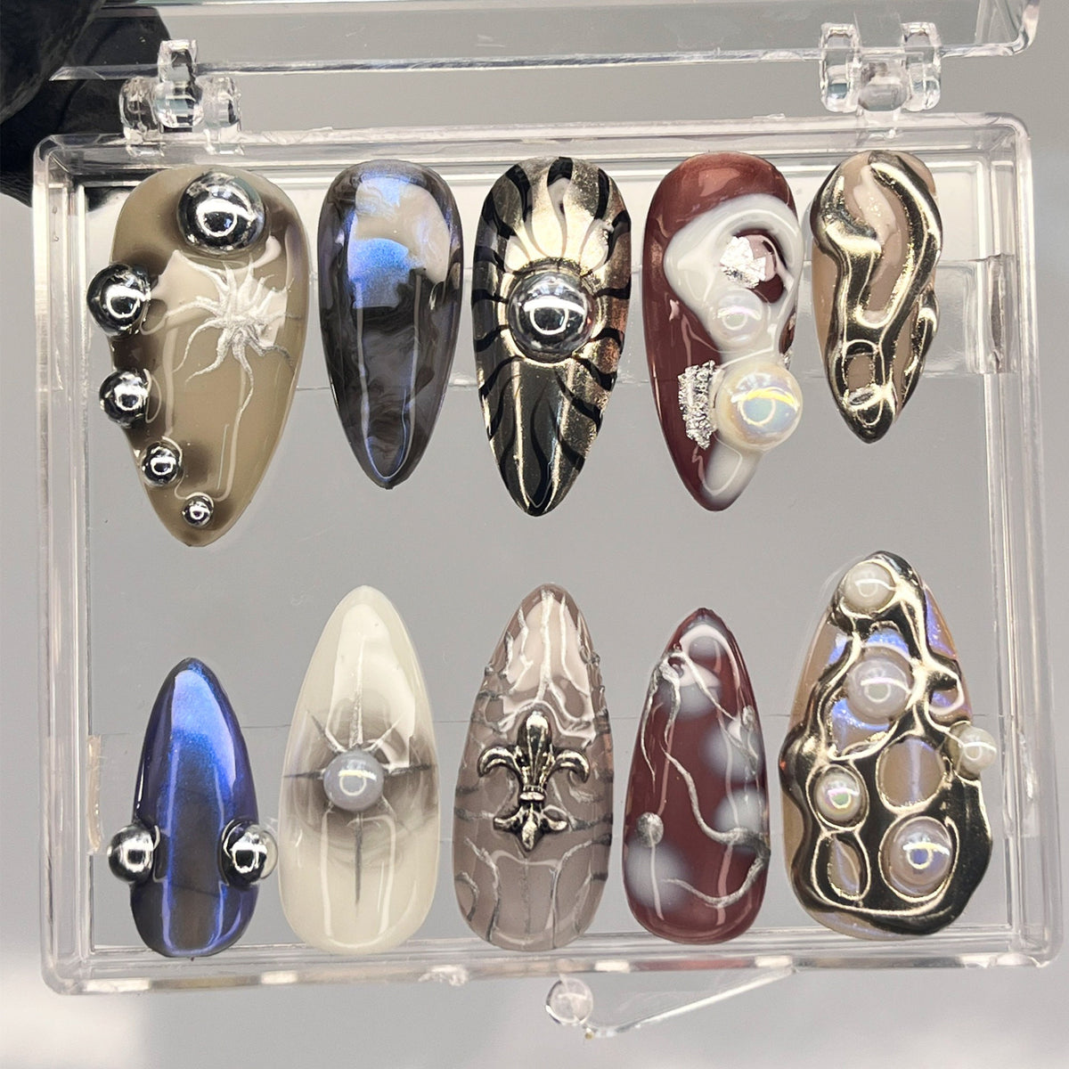 Gothic Multicolor Stiletto Nails with Silver Chrome, Webs and Raised Charms
