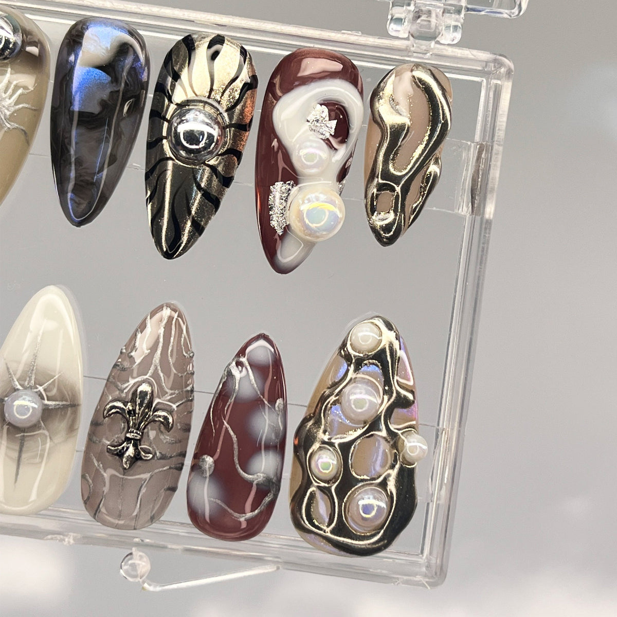 Gothic Multicolor Stiletto Nails with Silver Chrome, Webs and Raised Charms