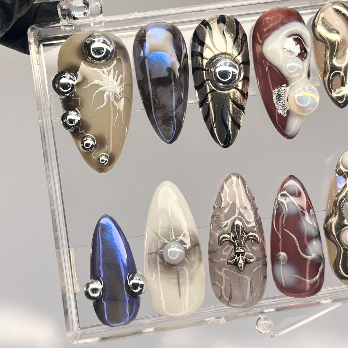 Gothic Multicolor Stiletto Nails with Silver Chrome, Webs and Raised Charms