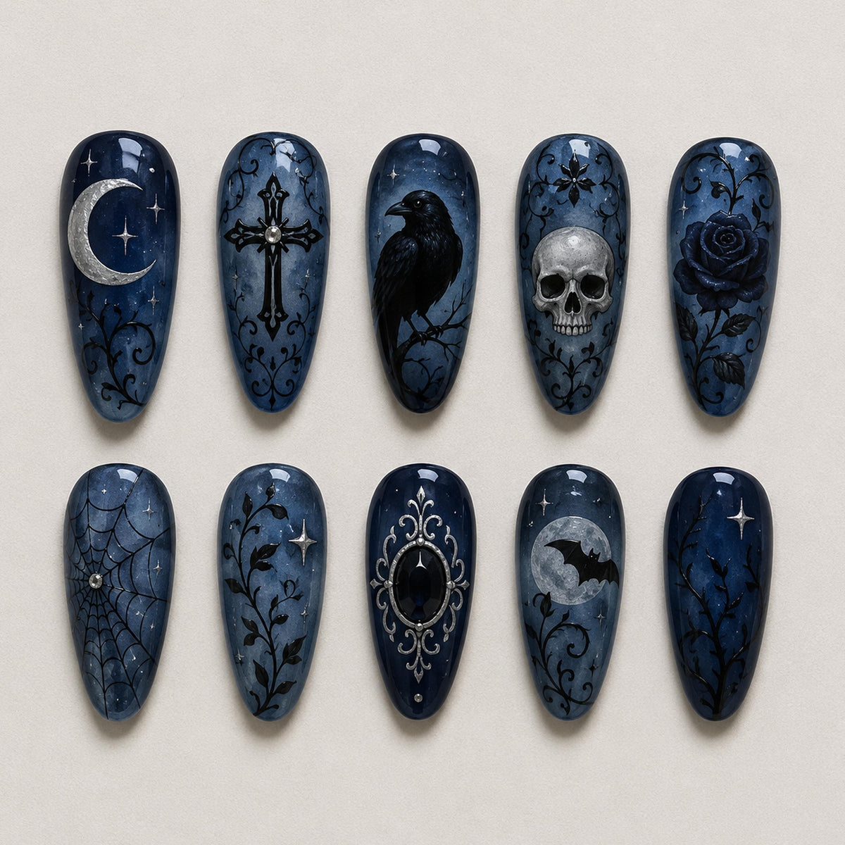 Gothic Navy Raven and Moon Nail Set With Skull, Rose and Celestial Details