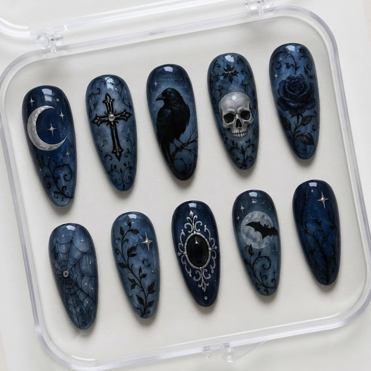 Gothic Navy Raven and Moon Nail Set With Skull, Rose and Celestial Details