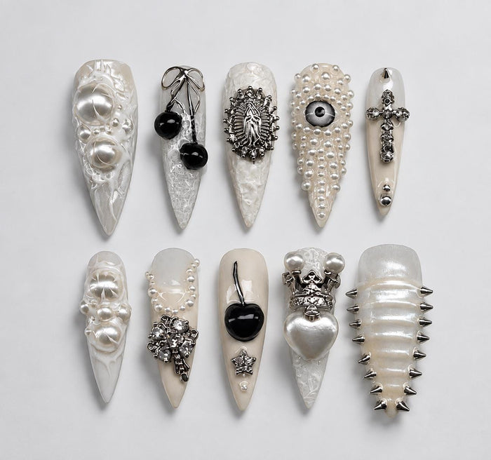 Gothic Pearl and Silver Chrome Press-On Nails with Cross, Cherry and Charm Details