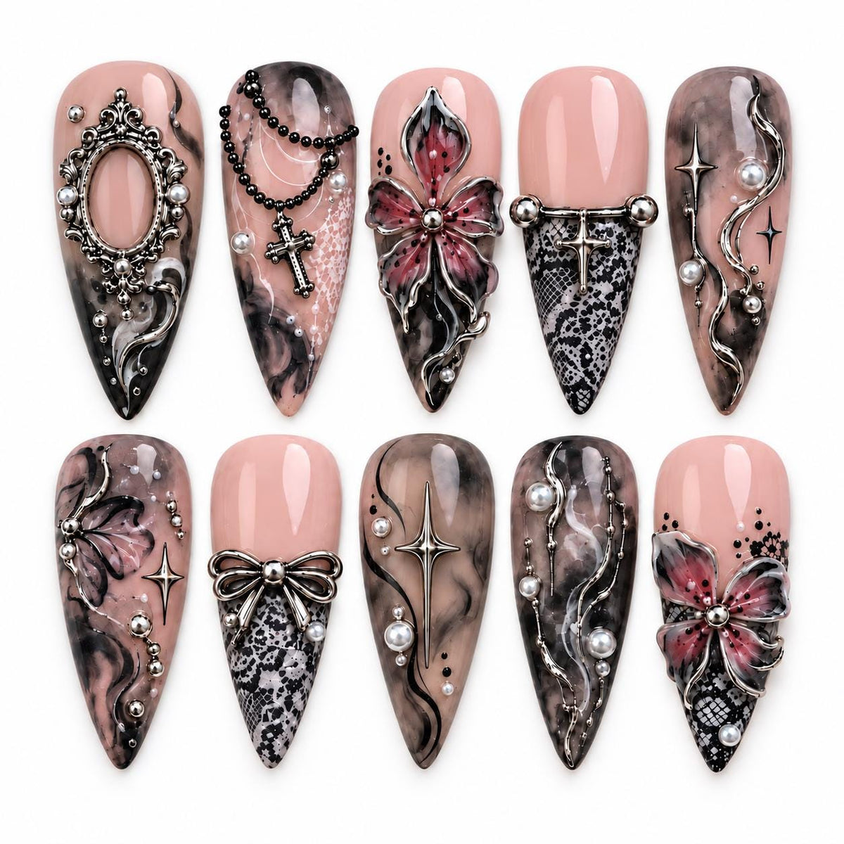 Gothic Pink and Smoky Marble Press-On Nails With Lace, Bows and Silver Details