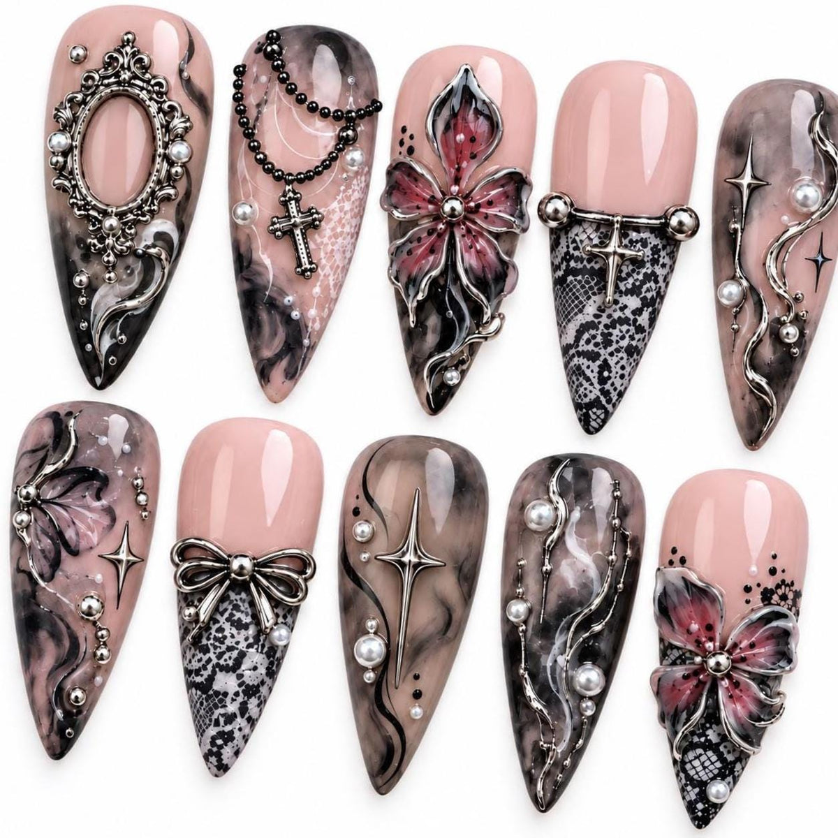 Gothic Pink and Smoky Marble Press-On Nails With Lace, Bows and Silver Details