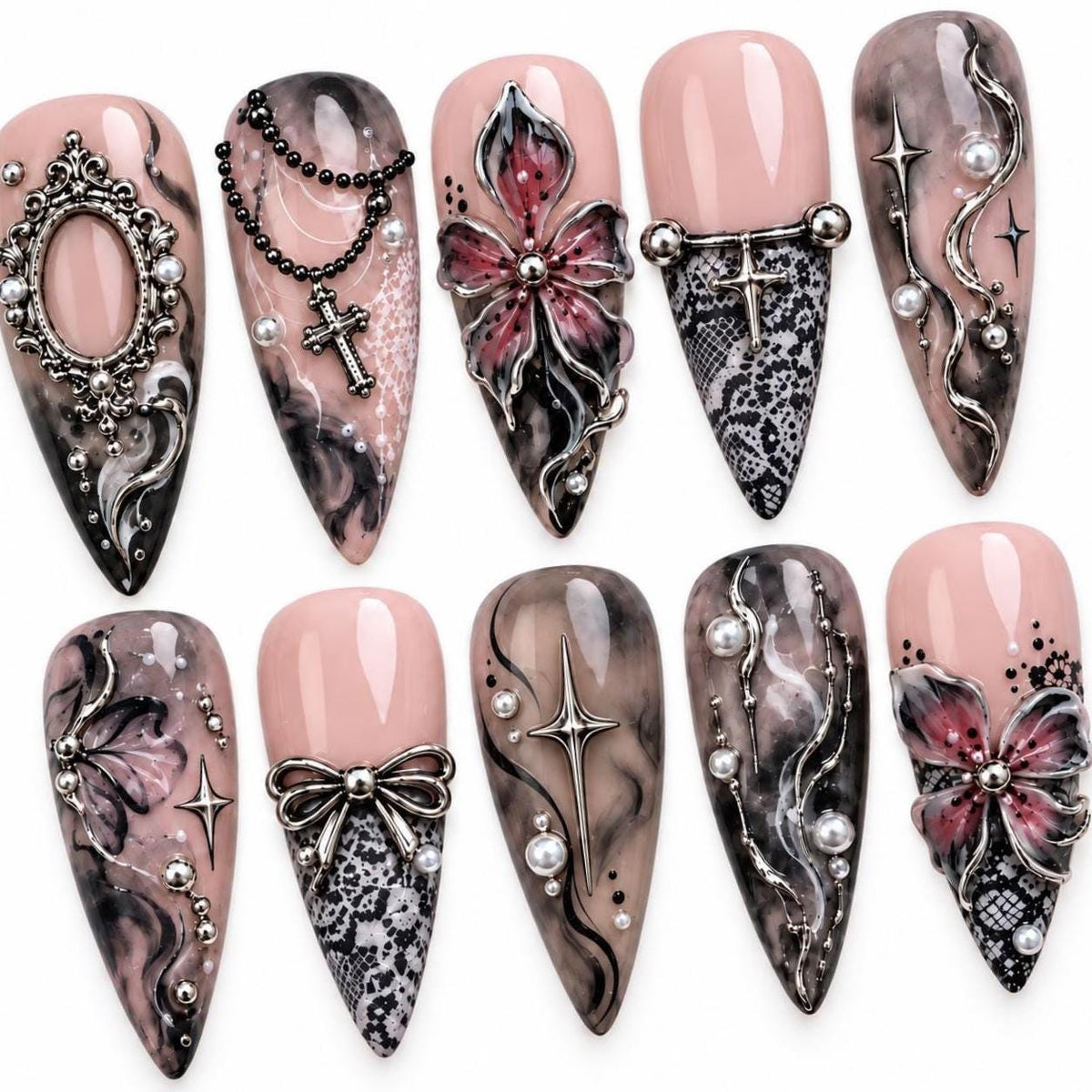 Gothic Pink and Smoky Marble Press-On Nails With Lace, Bows and Silver Details