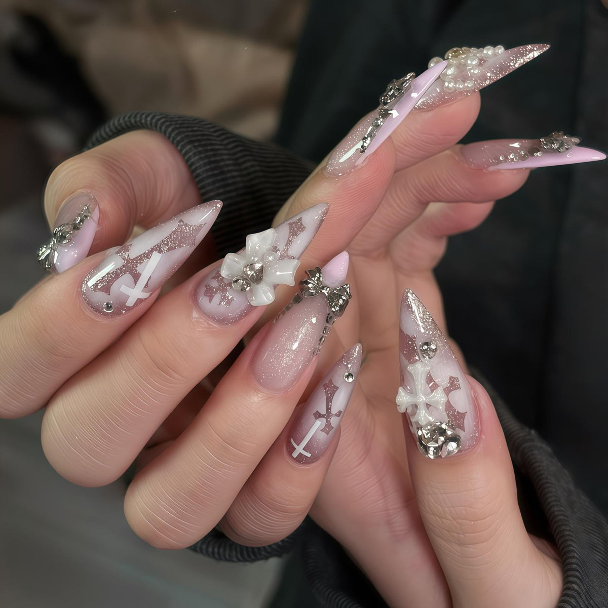 Gothic Pink Nails with White Crosses, 3D Bows, Glitter & Silver Rhinestones