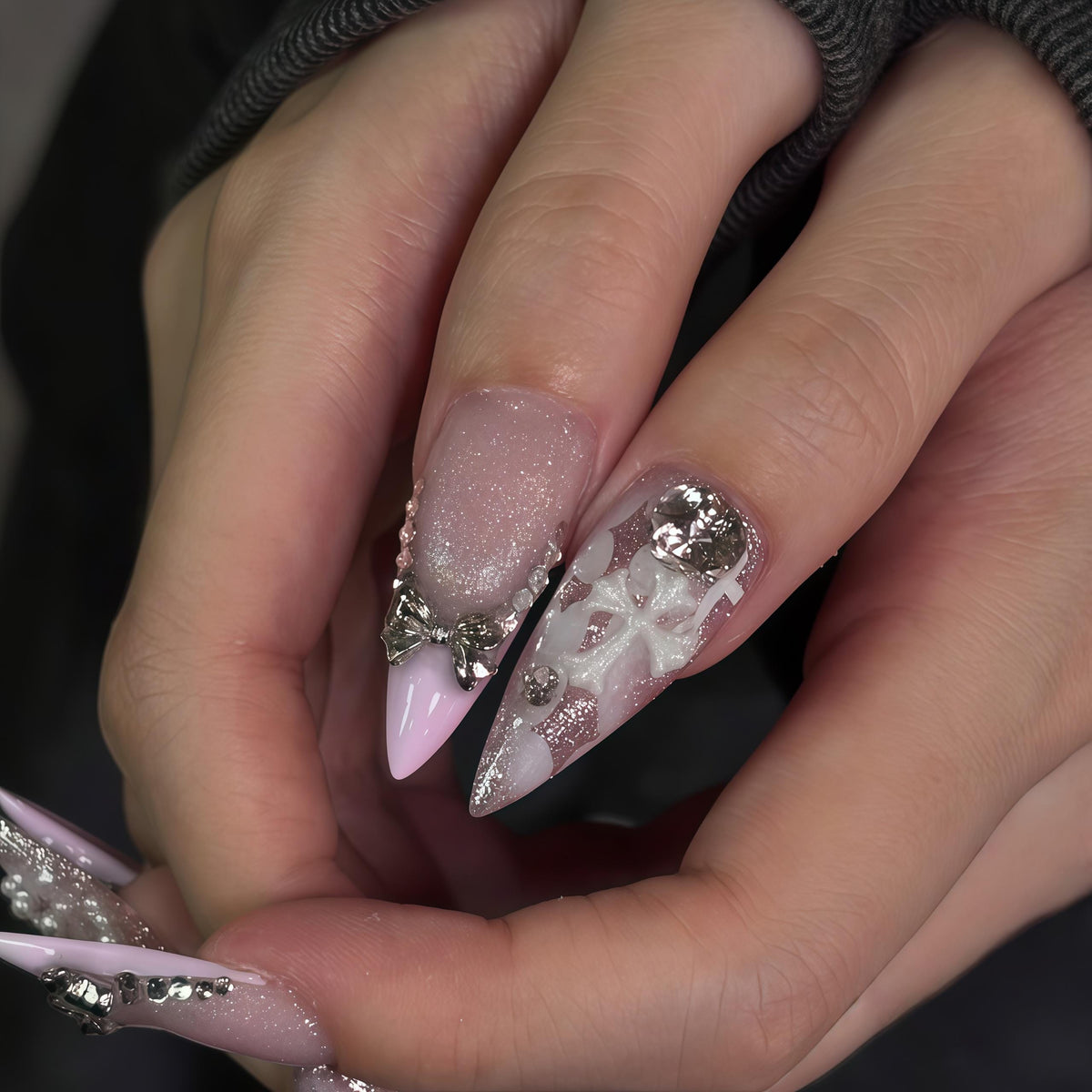 Gothic Pink Nails with White Crosses, 3D Bows, Glitter & Silver Rhinestones