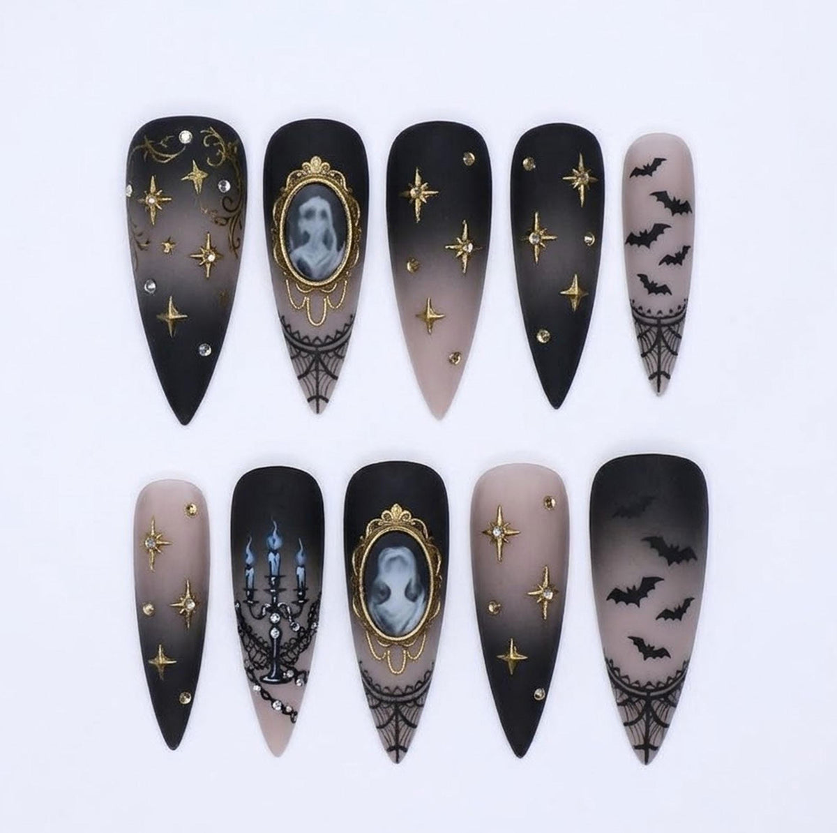 Gothic Portrait Press-On Nails with Bats, Lace, Candelabra and Gold Starbursts