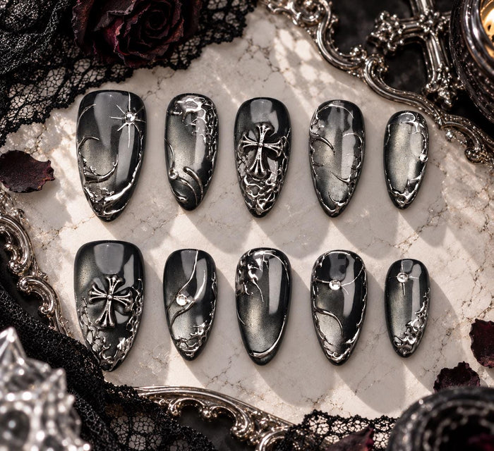 Gothic Punk Black and Smoky Silver Cat-Eye Chrome Press On Nail Set with Crosses