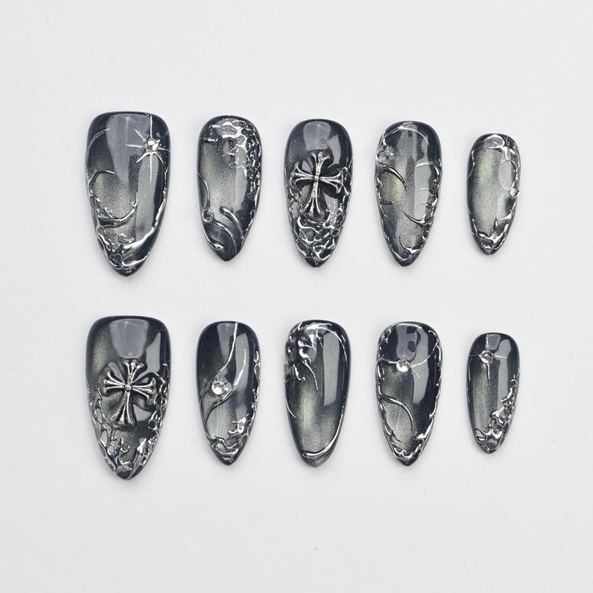 Gothic Punk Black and Smoky Silver Cat-Eye Chrome Nail Set with Crosses