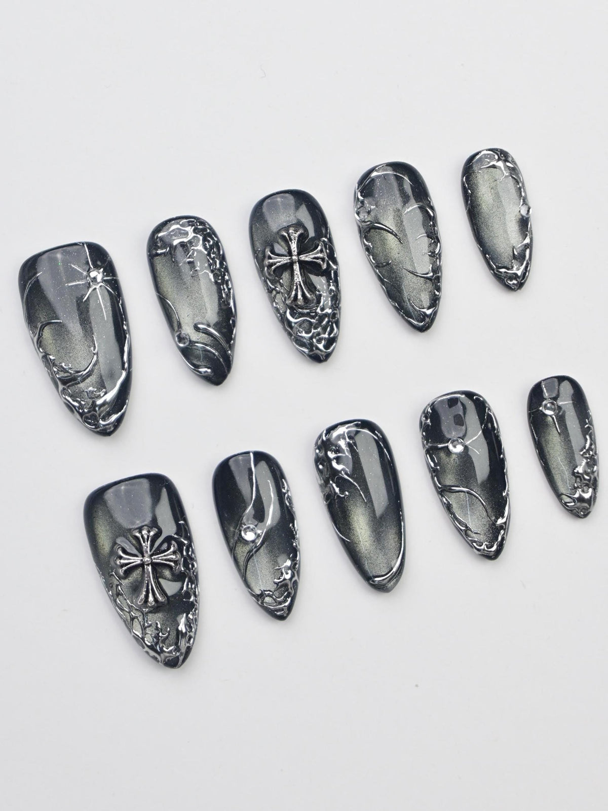 Gothic Punk Black and Smoky Silver Cat-Eye Chrome Nail Set with Crosses