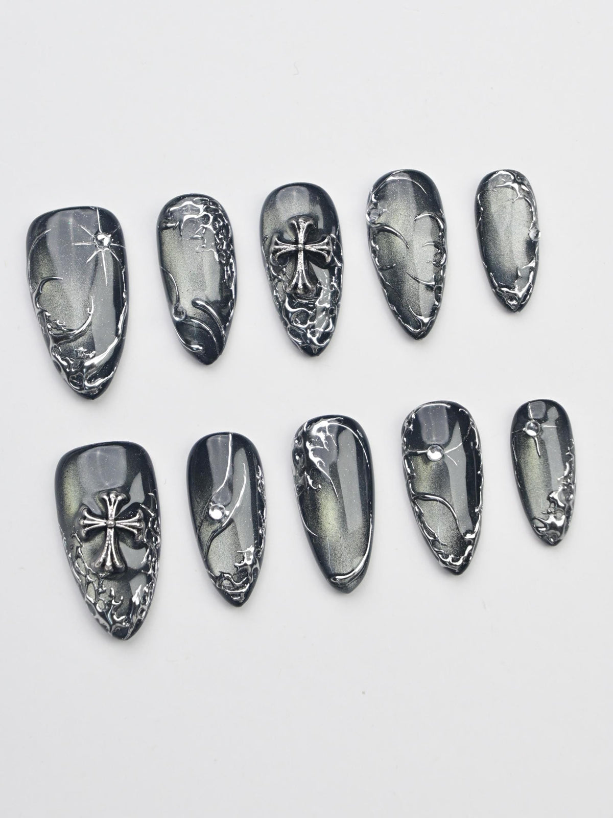Gothic Punk Black and Smoky Silver Cat-Eye Chrome Nail Set with Crosses