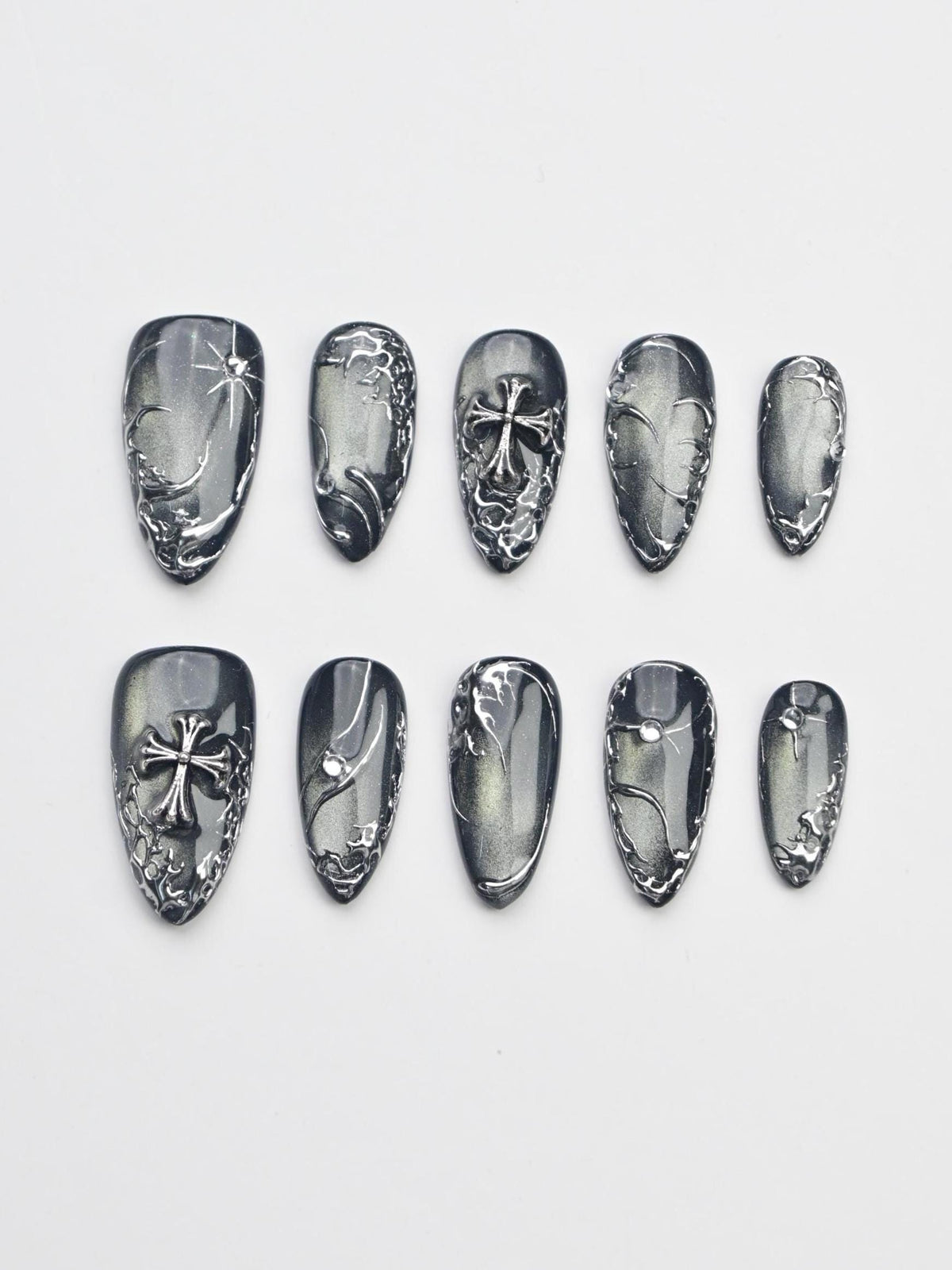 Gothic Punk Black and Smoky Silver Cat-Eye Chrome Nail Set with Crosses