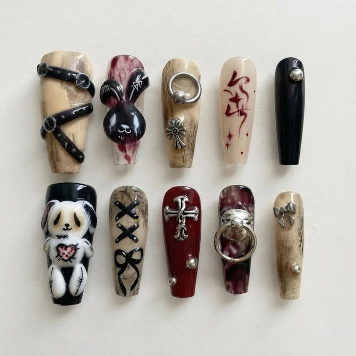 Gothic Punk Bunny and Teddy Bear Nails with Burgundy Marble, Straps, and Silver Charms