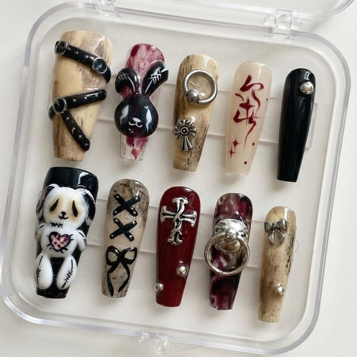 Gothic Punk Bunny and Teddy Bear Nails with Burgundy Marble, Straps, and Silver Charms