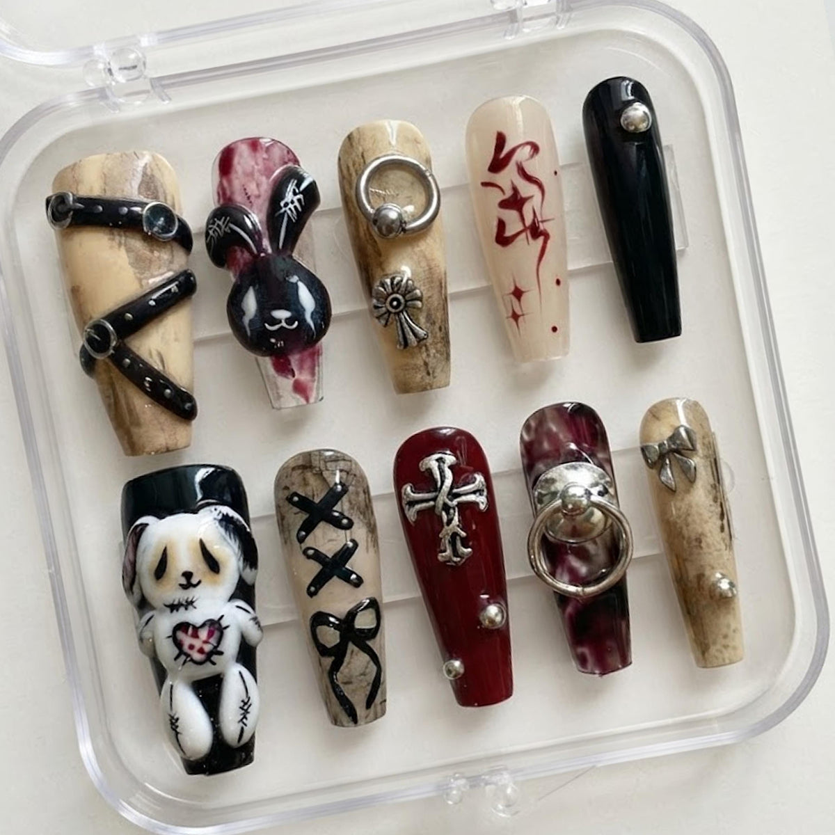 Gothic Punk Bunny and Teddy Bear Nails with Burgundy Marble, Straps, and Silver Charms