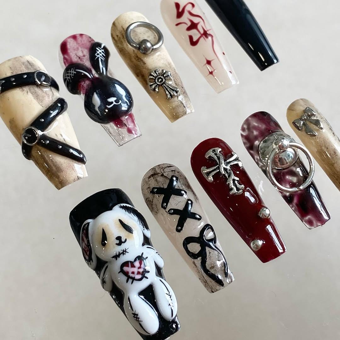 Gothic Punk Bunny and Teddy Bear Nails with Burgundy Marble, Straps, and Silver Charms