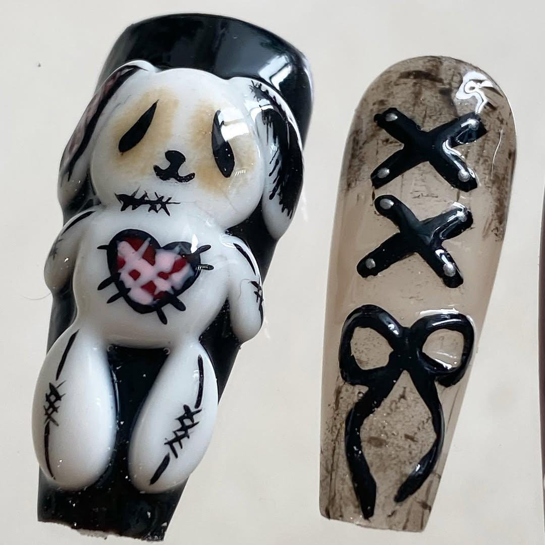 Gothic Punk Bunny and Teddy Bear Nails with Burgundy Marble, Straps, and Silver Charms