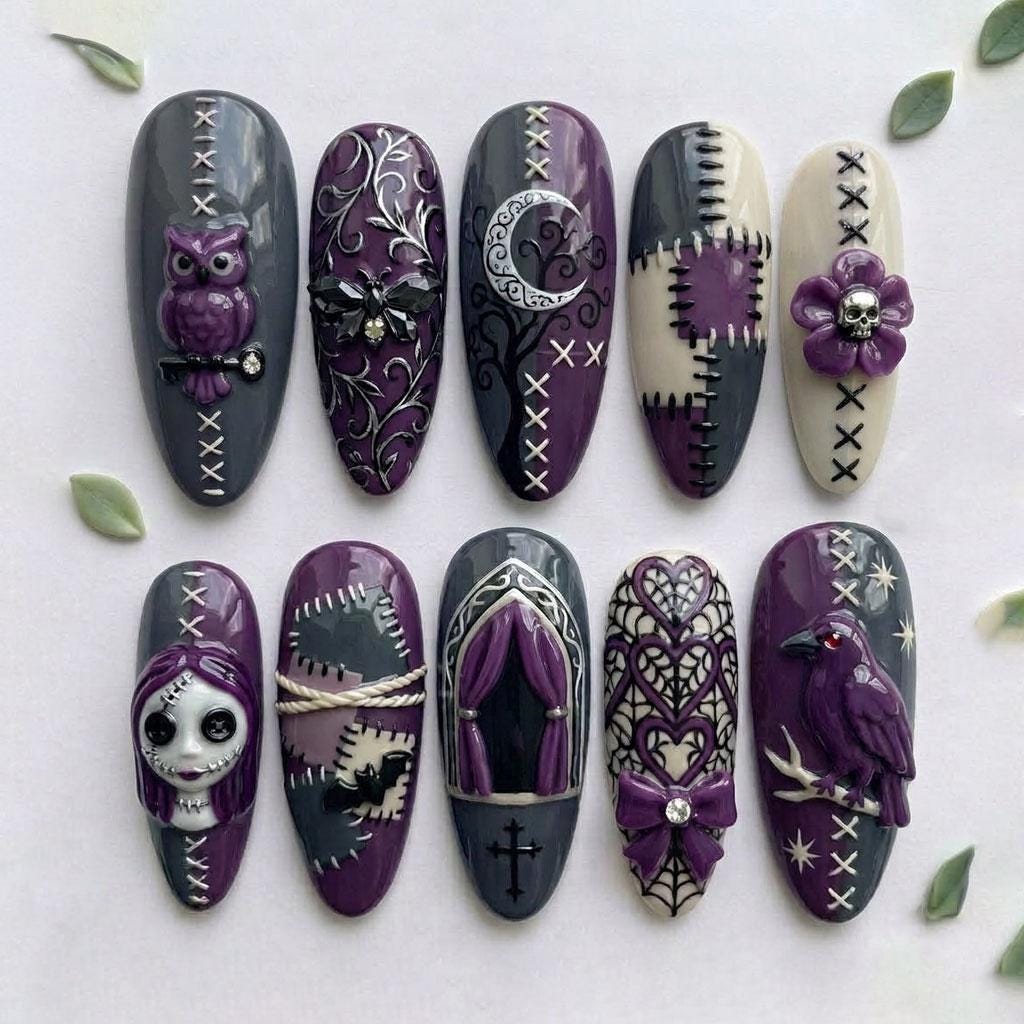 Gothic Purple and Black Press-On Nails With Owl, Raven, Moon and Stitched Details