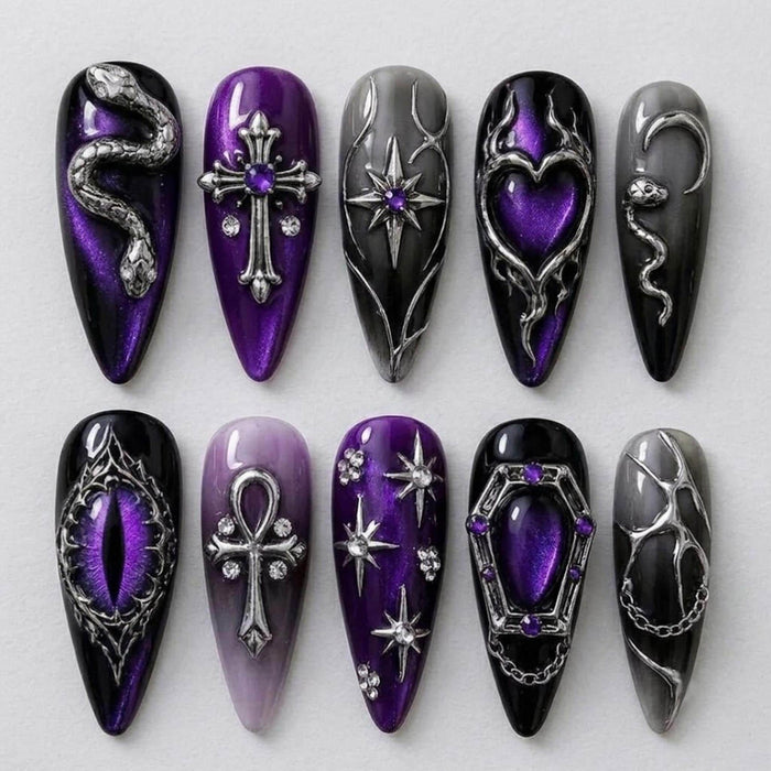 Gothic Purple and Silver Snake, Cross, and Heart Press On Nail Set