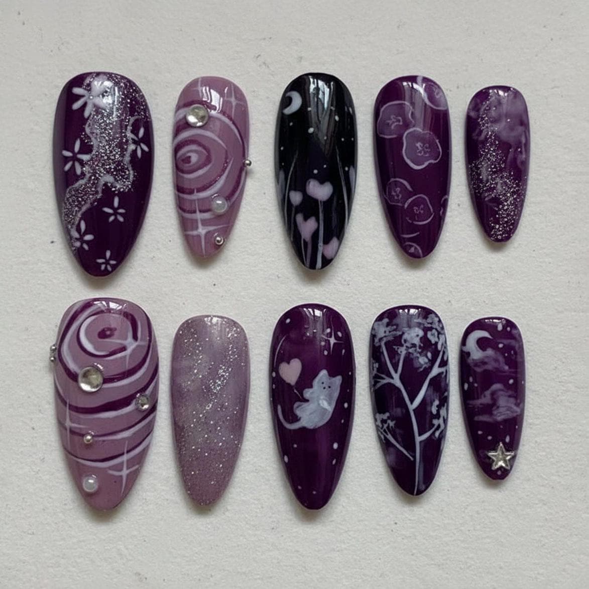 Gothic Purple Cat and Ghost Nail Set With Glitter and Silver Accents