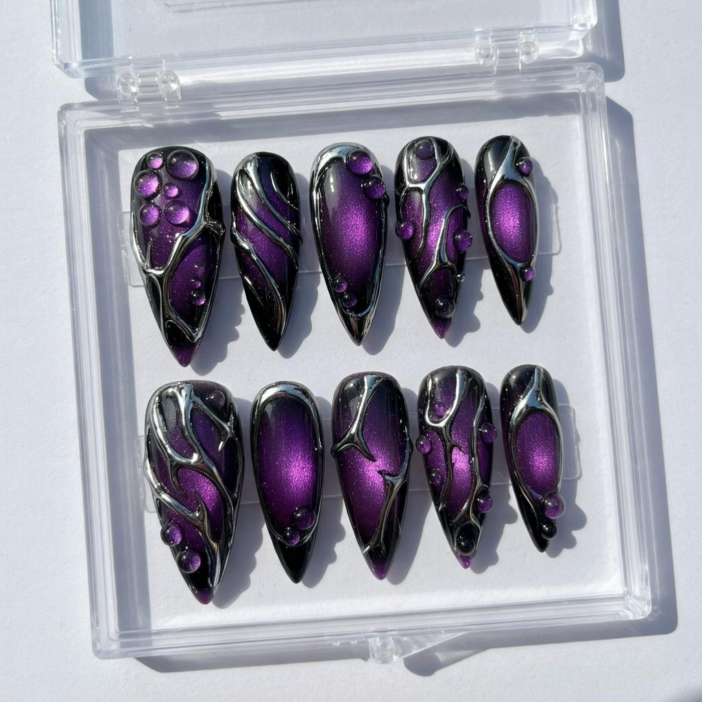 Gothic Purple Cat-Eye Nails With Silver Chrome Thorn Details