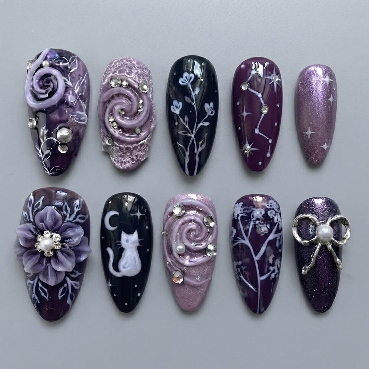Gothic Purple Celestial Cat Nail Set With Silver Bow and 3D Flowers