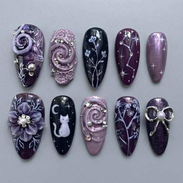 Gothic Purple Celestial Cat Press On Nail Set With Silver Bow and 3D Flowers