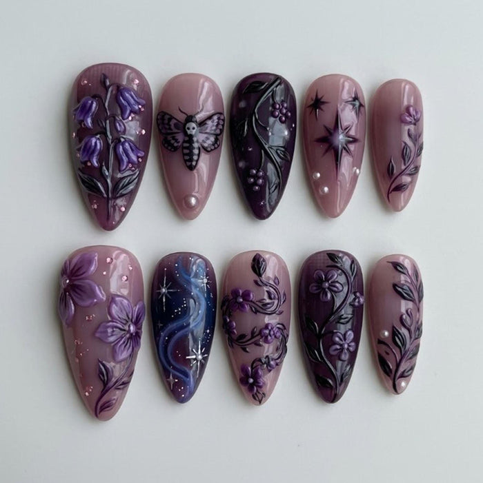 Gothic Purple Floral Moth and Celestial Press On Nail Set