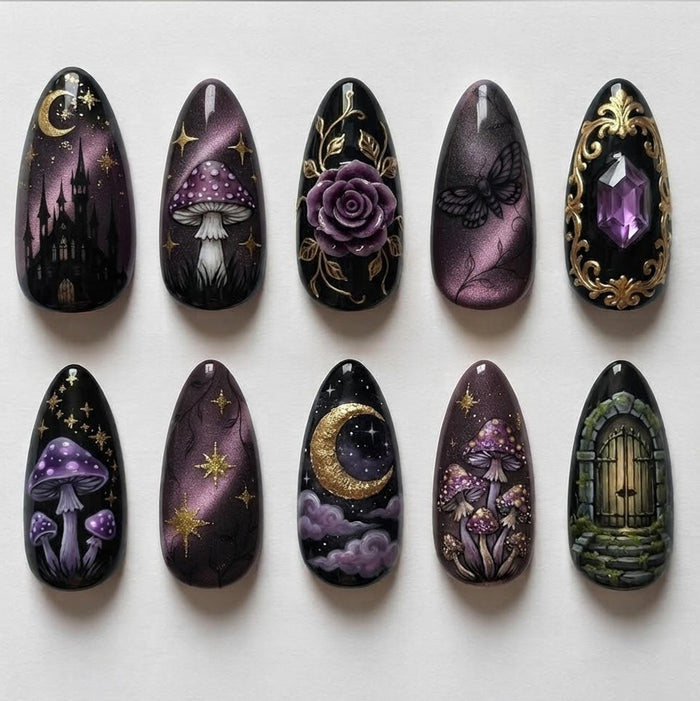 Gothic Purple Mushroom, Moonlit Castle, Butterfly, and Rose Press On Nail Set