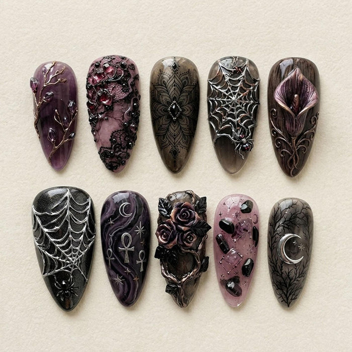 Gothic Purple Press On Nails With Sculpted Roses, Moon and Spiderweb Details
