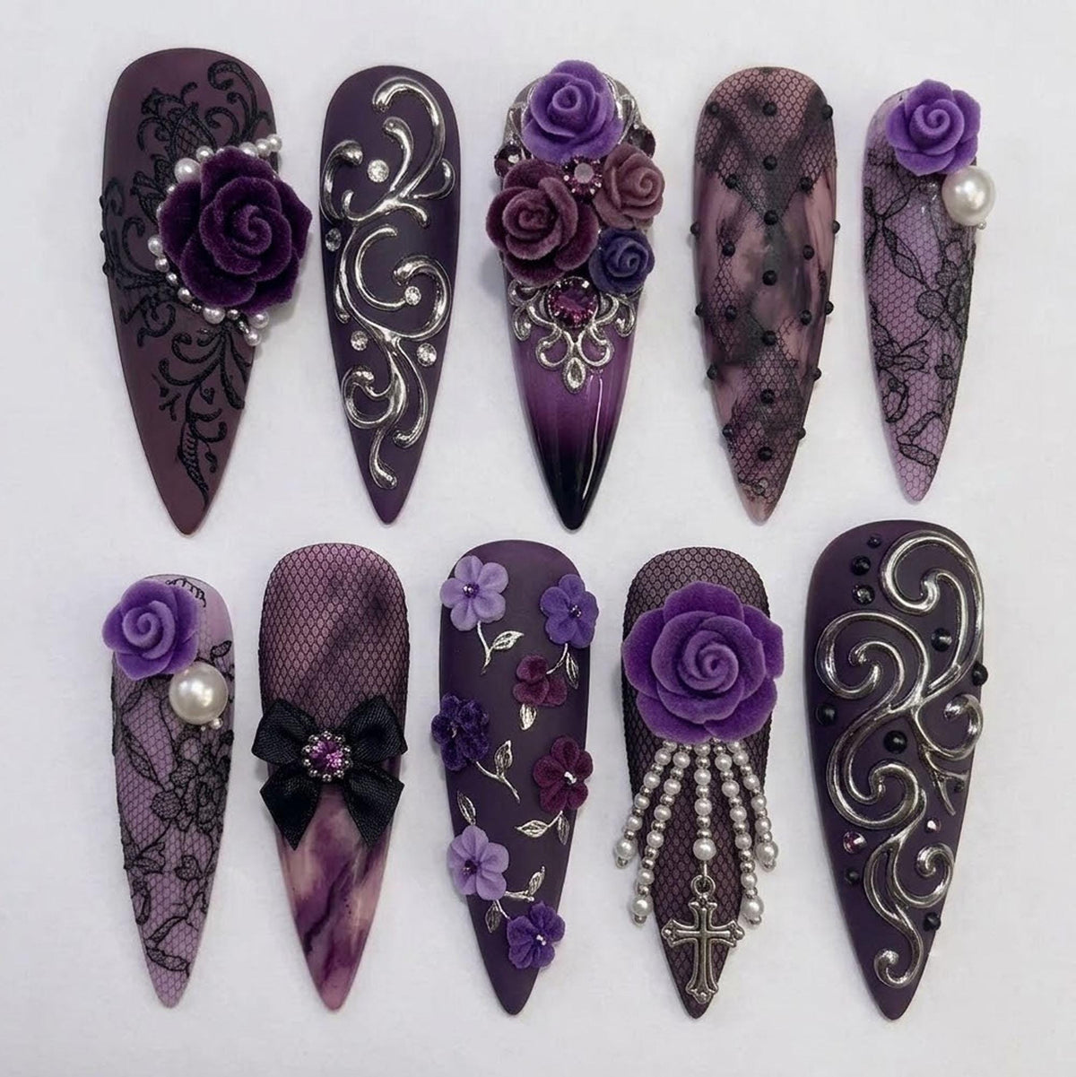 Gothic Purple Rose Press-On Nails with Black Lace, Pearls and Cross Charm