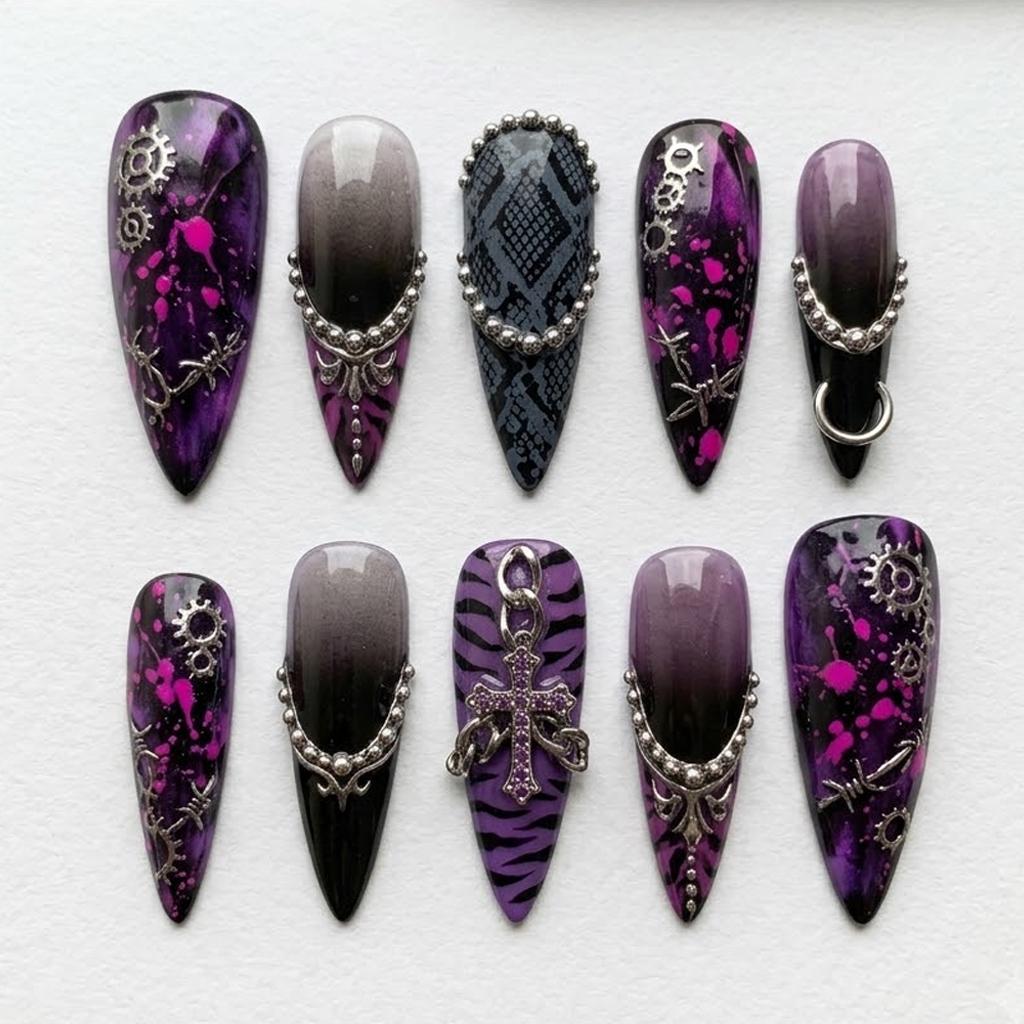 Gothic Purple Splatter Press-On Nails With Silver Gears, Chains and Cross