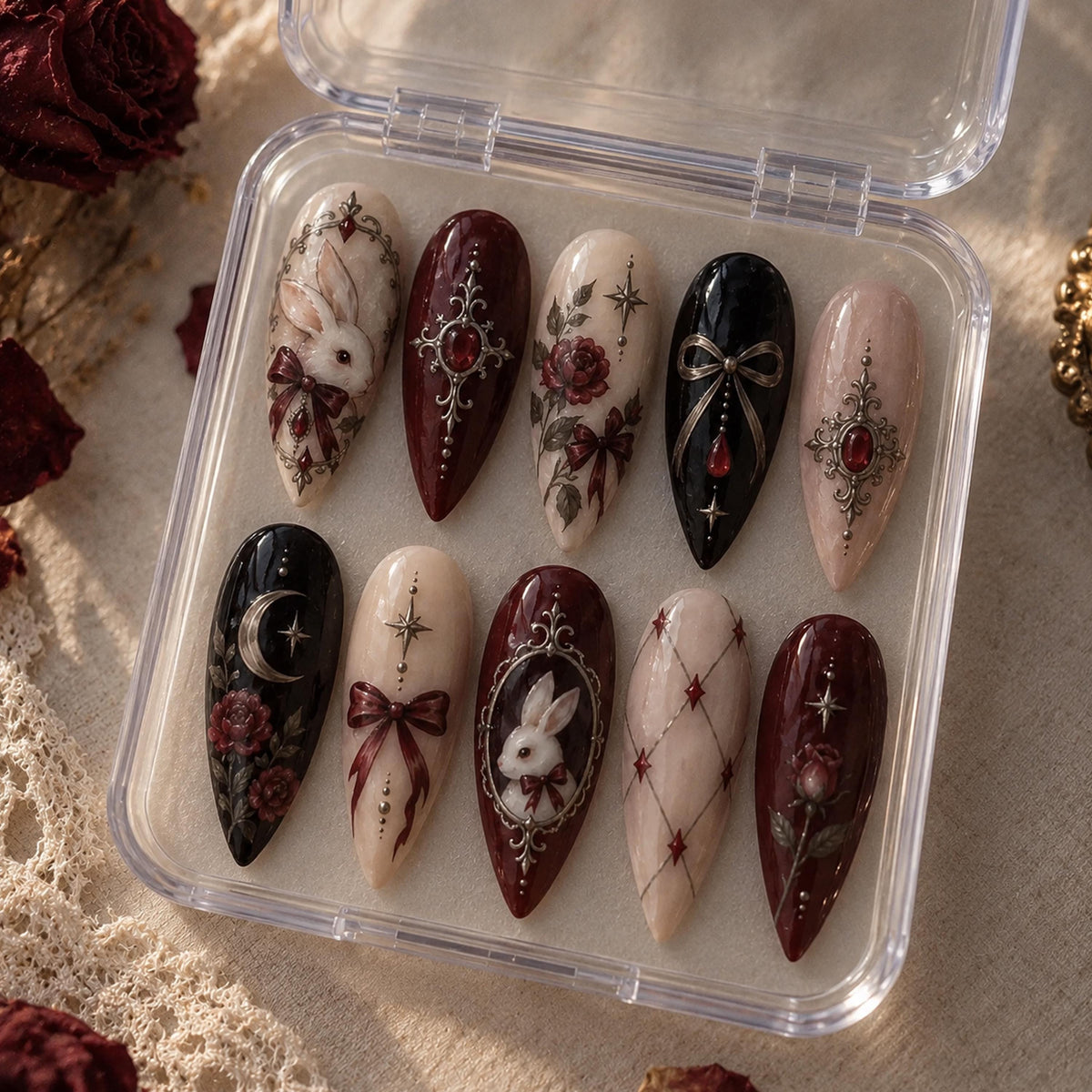 Gothic Rabbit and Burgundy Rose Press-On Nail Set With Silver Filigree