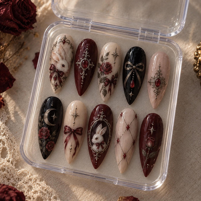 Gothic Rabbit and Burgundy Rose Press-On Nail Set With Silver Filigree